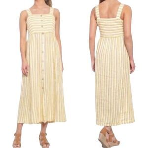 Rachel Zoe Yellow Ivory Striped Linen Button Front Pinafore Maxi Sun Dress